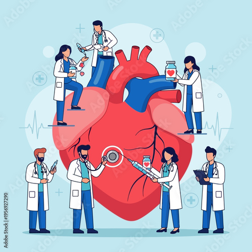 Medical Team Caring for Giant Human Heart, Cardiology Concept