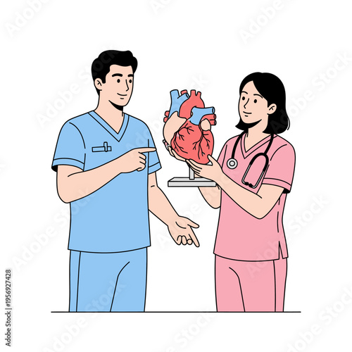 Medical Professionals Discussing Heart Anatomy Model