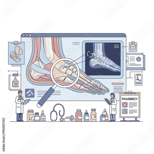 Medical Illustration of Foot Anatomy, X-ray, and Pharmacy for Podiatry and Healthcare