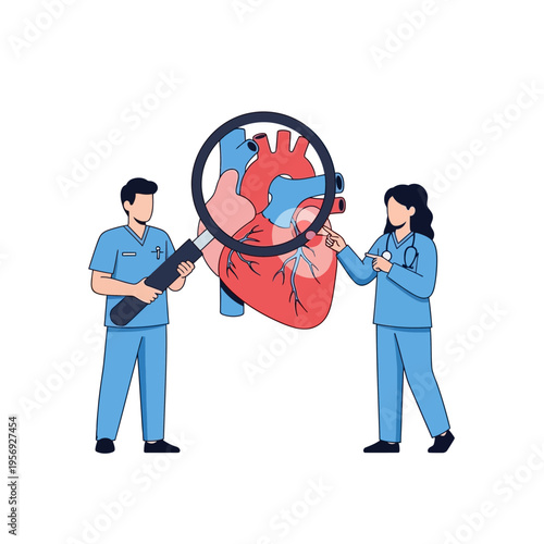 Medical Professionals Examining a Human Heart with Magnifying Glass
