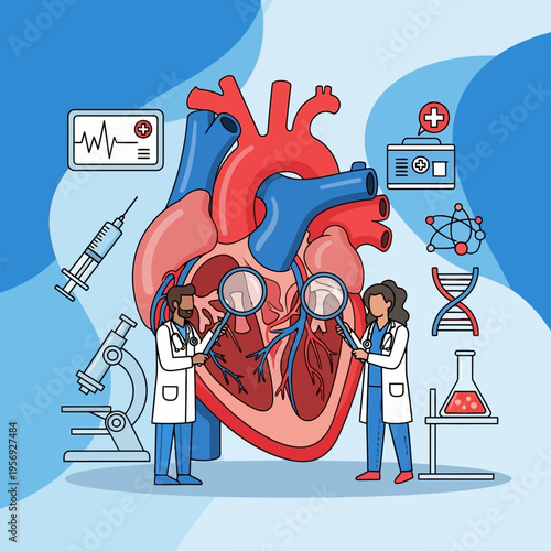 Medical Research: Doctors Examine Heart Anatomy with Magnifying Glasses, Science Icons