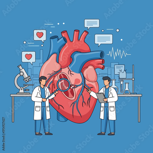 Medical researchers examine a human heart in a laboratory, symbolizing cardiology and scientific discovery.