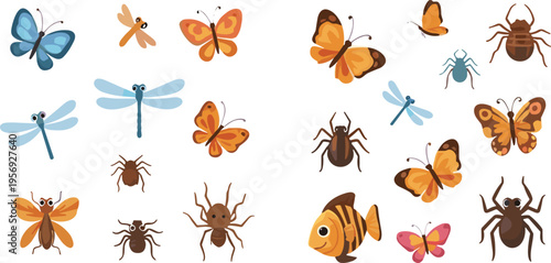 Insects and butterflies collection with dragonflies spiders ants and bugs colorful cartoon vector illustration set isolated