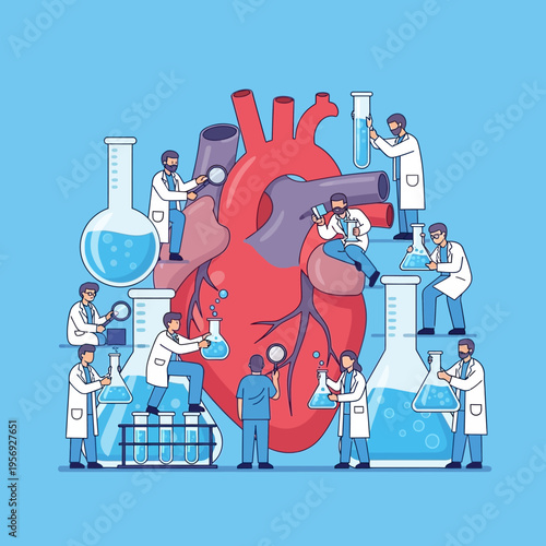 Medical Research Team Studying Human Heart with Scientific Equipment and Beakers
