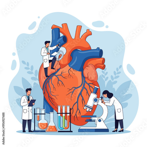 Medical Researchers Study Giant Human Heart with Microscope and Test Tubes