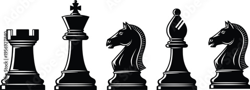 Black silhouette vector of chess pieces including rook, king, knight, and bishop, symbolizing strategy, competition, intellect, game, and classic board design
