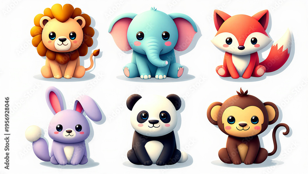 Obraz premium A colorful illustration of six cute cartoon animals on a white background