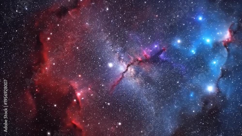Nebula with red and blue hues, studded with stars, and dark structures
