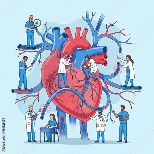 Medical Team Examining Human Heart Anatomy, Cardiology Research and Healthcare Concept