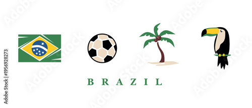 Vector illustration of elements from Brazil involving flora, fauna, and sports. Editable and stylized artwork.