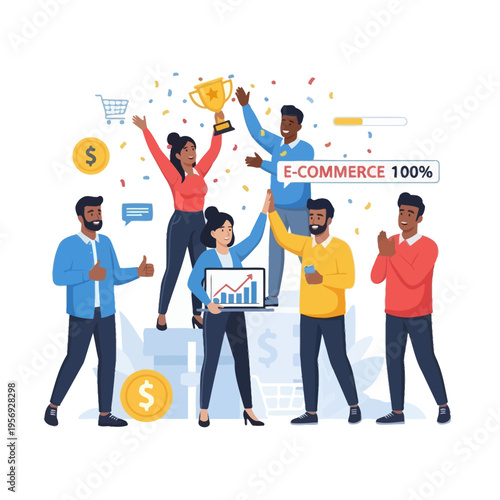 Successful E-commerce Team Celebrates Victory with Trophy and Confetti