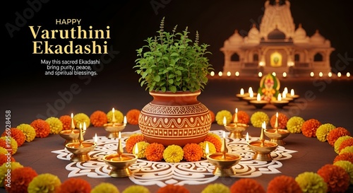 Varuthini ekadashi celebration with tulsi plant and diyas on colorful rangoli