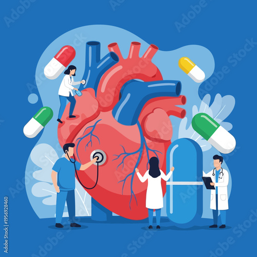Medical Team Examining Giant Heart with Pills, Cardiology Concept