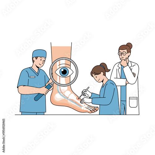 Medical Team Examining Foot Anatomy with Magnifying Glass and Surgical Tools