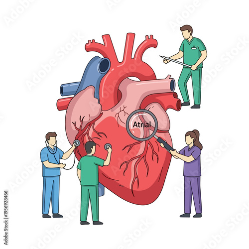Medical Team Examines Human Heart with Magnifying Glass, Focusing on Atrial Area