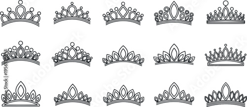 Large Set of Elegant Queen Crowns and Princess Tiaras in Minimalist Line Art