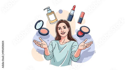 Woman with Floating Makeup Cosmetics Beauty Skincare Products Illustration Self Care Lifestyle Concept