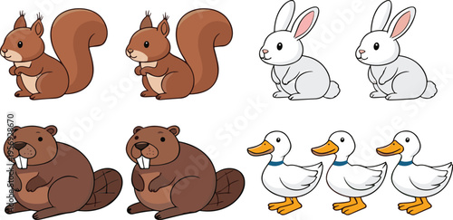 Cute woodland and farm animals collection with squirrel rabbit beaver and duck cartoon vector illustration set isolated