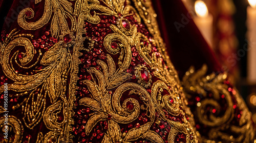 Close-up of intricate gold embroidery on deep red vestment with beaded accents and candlelight glow. Traditional religious garment for cultural festivals and faith celebrations in philippine heritage