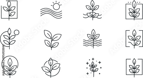 Minimalist Nature Line Art Icons Set Featuring Leaves Plants Sun and Water Waves