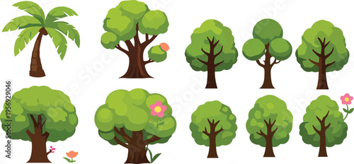 Cartoon green trees collection with tropical palm and forest foliage nature vector illustration set isolated