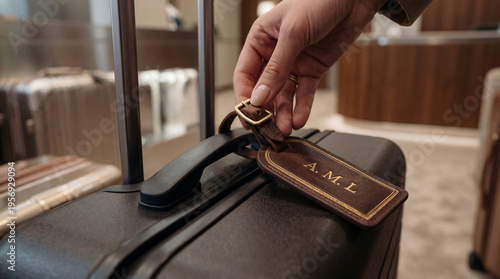 Wallpaper Mural Hand attaching leather luggage tag to black suitcase. Business traveler preparing for departure at airport counter. Travel organization and journey readiness concept Torontodigital.ca