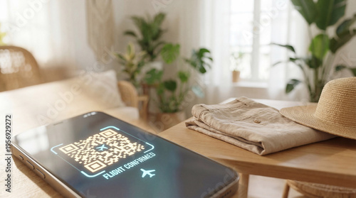 Wallpaper Mural Smartphone displaying flight confirmation QR code with airplane icon on wooden table. Travel preparation items including straw hat and beige pants nearby. Mobile app booking and vacation journey Torontodigital.ca