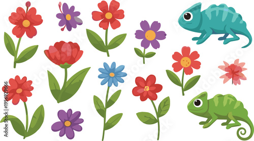 Colorful flowers and chameleon collection with botanical elements cute cartoon reptiles flat vector illustration set isolated