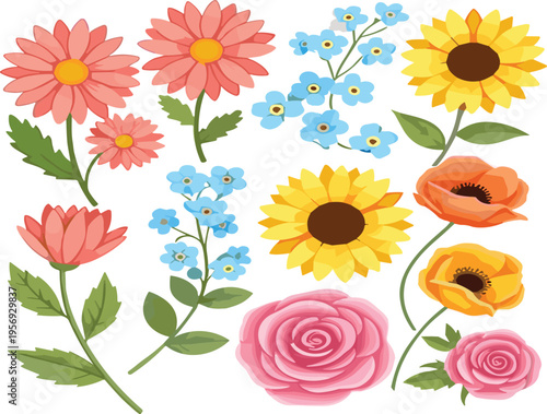 Colorful flower collection with sunflower rose daisy and wildflowers botanical cartoon vector illustration set isolated