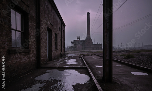Lead smelter site silver splash marks reflect on the floor of a disused blast furnace cast house at an industrial bay