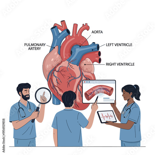 Medical team studying human heart anatomy and blood vessel blockage on screen