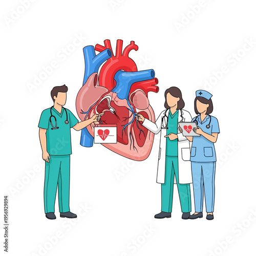 Medical Team Studying Human Heart Anatomy with ECG Readings
