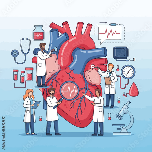 Medical Team Studying Human Heart Anatomy with Scientific Equipment