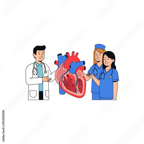 Medical Team With Human Heart Illustration - Cardiology Care