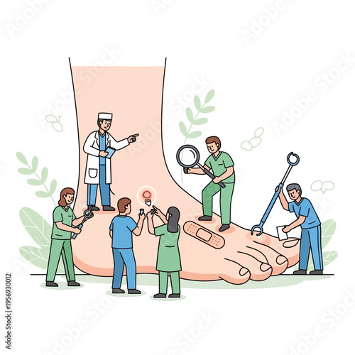 Medical Team Treating Foot Condition: Wart Removal, Bandage Application, and Examination