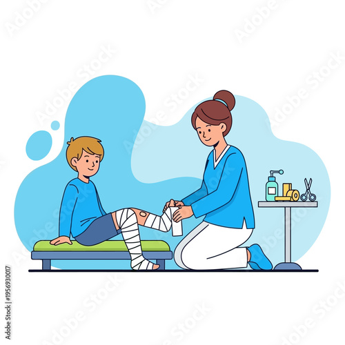 Nurse bandaging a child's injured leg, medical care and recovery concept