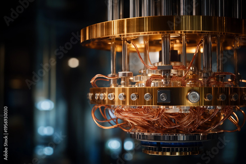 A gold-plated quantum computer dilution refrigerator (the chandelier) hanging in a sterile, dark laboratory, intricate copper wiring and hardware, dramatic rim lighting, shallow depth of field