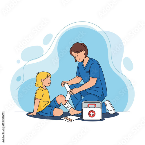 Nurse bandaging child's injured knee with first aid kit nearby