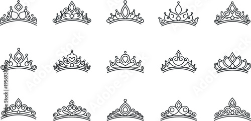 Set of elegant tiara and crown vector line art illustrations for princess, queen, and wedding design