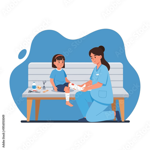 Nurse bandaging child's injured leg on bench, medical care and first aid concept