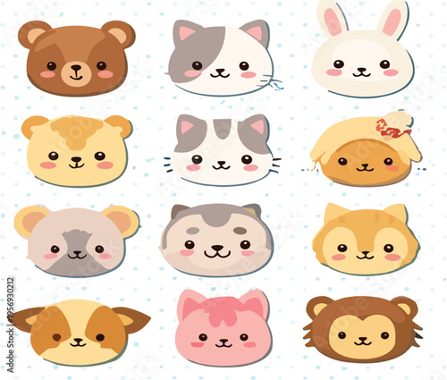 Cute animal face collection with bear cat bunny dog and lion kawaii cartoon icons flat vector illustration set isolated