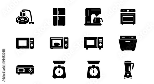 Set of black silhouette icons for household appliances including robot vacuum, refrigerator, coffee maker, oven, microwave, dishwasher, air purifier, scale, and electric food blender.