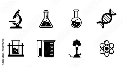 Collection of eight black laboratory science icons featuring a microscope, DNA helix, Erlenmeyer flask, round-bottom flask, test tube rack, beaker, Bunsen burner, and atom model