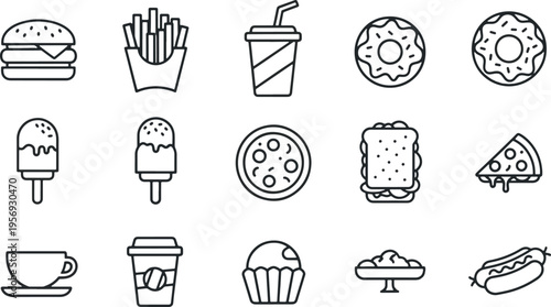 Large set of fast food and bakery line icons including burger, pizza, sandwich, donut, ice cream, hot dog and coffee vector illustrations isolated on white.