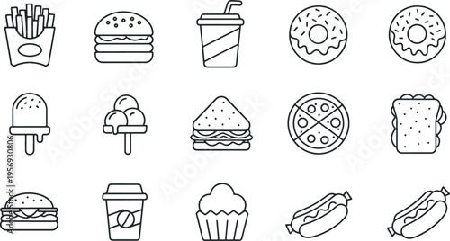 Large set of fast food and bakery line icons including burger, pizza, sandwich, donut, ice cream, hot dog and coffee vector illustrations isolated on white.