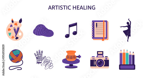Artistic Healing Creative Therapy Icons Set.