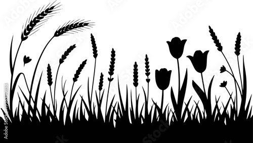 Black silhouette of wheat stalks and tulips growing in grass against a white background