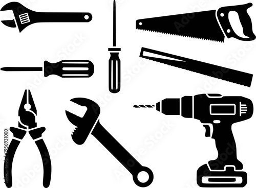 Collection of Black Silhouettes of Various Hand Tools and Power Drill White Background