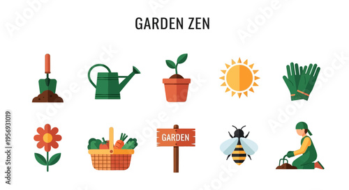 Garden Zen icons with gardening tools.