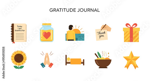 Gratitude Journal Daily Happiness Concept Icons.